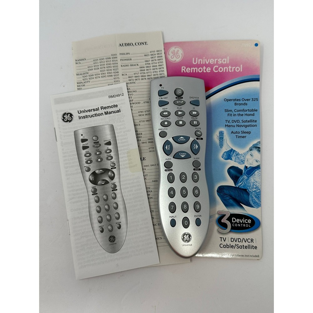 GE Universal Remote Control 3 Device TV DVD VCR Cable Silver RM24912 RM24912-D‎